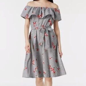 Calvin Klein Striped Floral Embroidered Off the Shoulder Dress Size 14 Tie Waist
